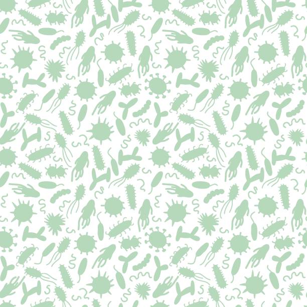 Green silhouette of microorganisms seamless pattern. Green silhouette of microorganisms seamless pattern. Hand drawn, doodle style, on white background. probiotic pattern stock illustrations