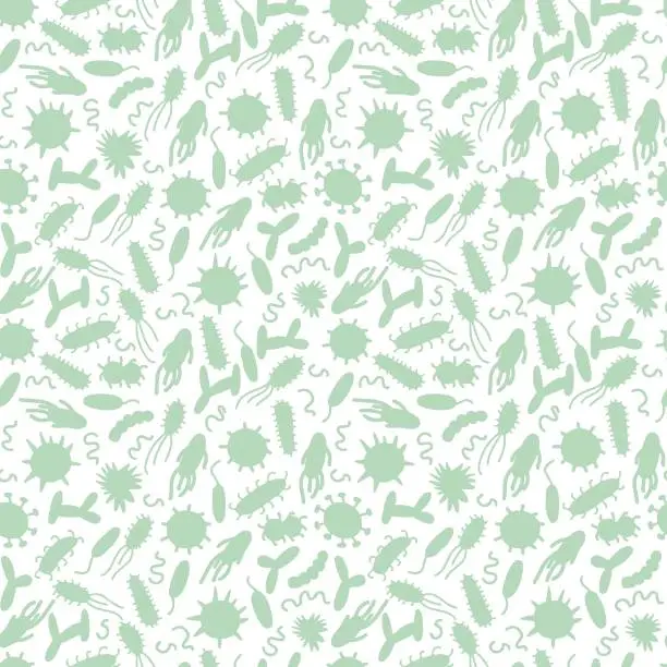 Vector illustration of Green silhouette of microorganisms seamless pattern.