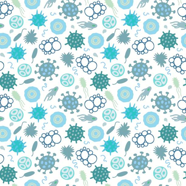 ilustraciones, imágenes clip art, dibujos animados e iconos de stock de patrón sin fisuras de bacterias y gérmenes. microorganismos verdes y azules dibujados a mano. - healthcare and medicine multi colored cell backgrounds