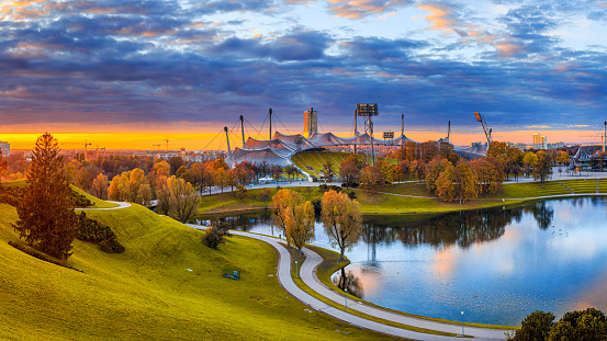 Autumn cityscape - view of the Olympiapark or Olympic Park located in the Oberwiesenfeld neighborhood of Munich, Bavaria, Germany, 14 November, 2022
