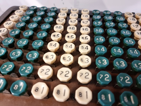 Close up of old adding machine on wooden desk