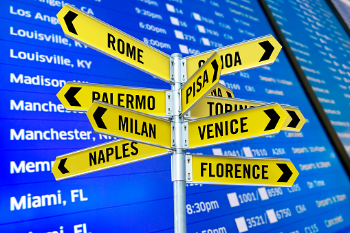 Signs pointing touristic cities in Italy in front of a departure board in an airport terminal