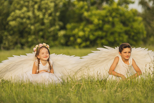 Two angels with white wings on green grass. Blonde girl in dress and brunette boy on summer sunset background