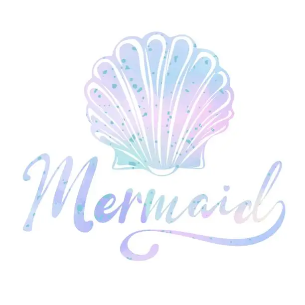 Vector illustration of Mermaid lettering inscription with seashell in trendy holographic colors
