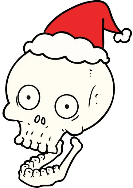 Vector illustration of hand drawn line drawing of a skull wearing santa hat