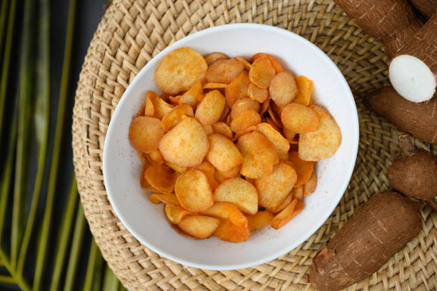 Indonesia Cassava chips in bowl. Popular hot spicy yuca chips.