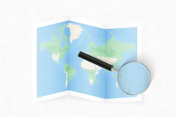 Vector illustration of Enlarge Samoa with a magnifying glass on a folded map of the world.