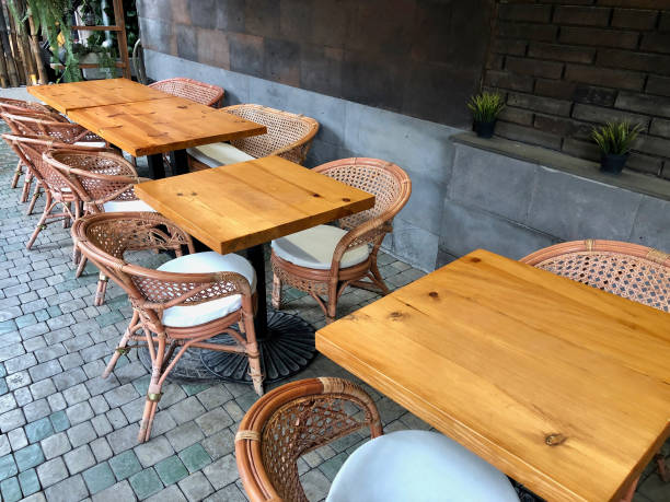 istock Street cafe exterior with tables and chairs 1471266144