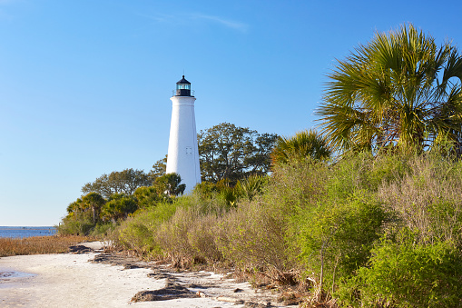 View of the St. Marks Lighthouse, located in St. Marks National Wildlife Refuge near Tallahassee, Florida