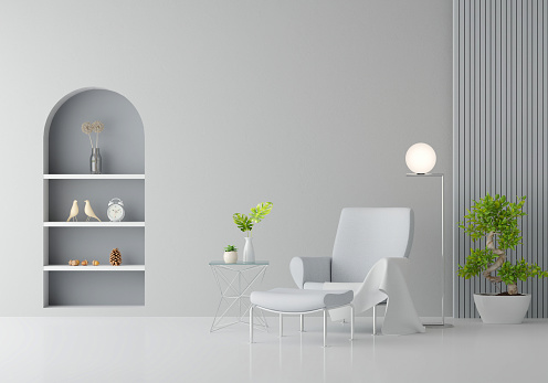 Gray chair in living room interior with copy space for mock up, 3D rendering