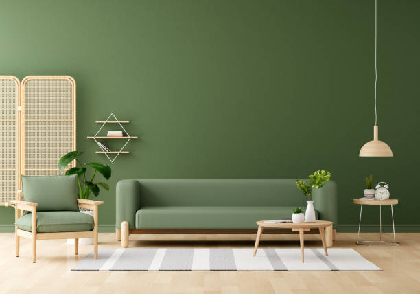 istock Green sofa in green living room with copy space for mock up, 3D rendering 1471270559