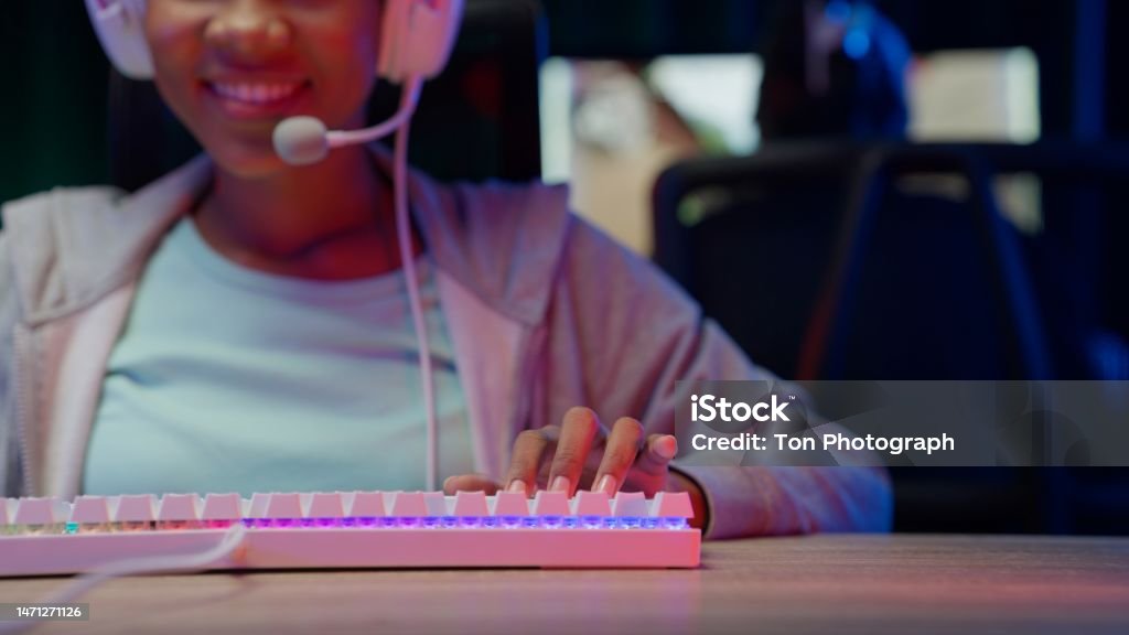 Person Using Gaming Setup Game Streamer Using Pc Setup Playing Multiplayer First Person Shooter ...