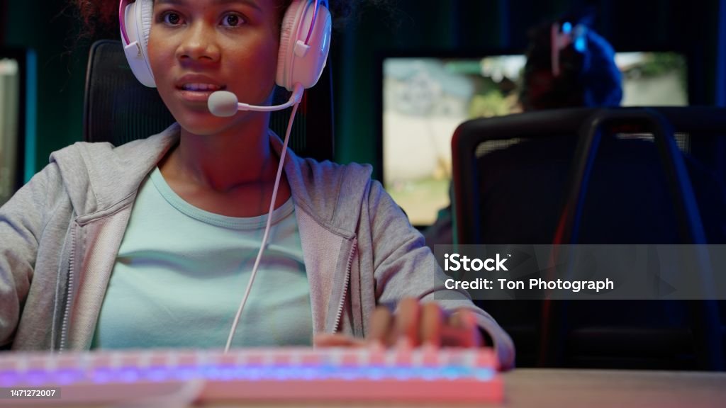 Person Using Gaming Setup Game Streamer Using Pc Setup Playing Multiplayer First Person Shooter ...