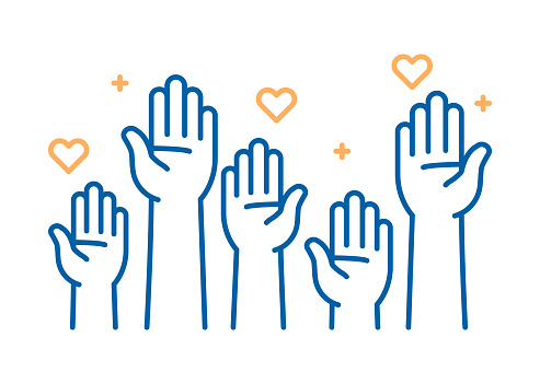 Volunteers and charity work. Raised helping hands. Vector icon background banner illustrations with a crowd of people ready and available to help and contribute. Positive foundation, business, service.