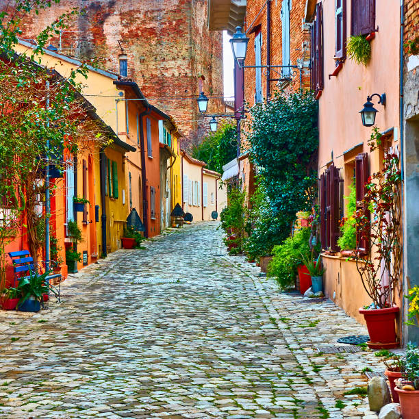 Picturesque old street in Santarcangelo di Romagna Picturesque old street in Santarcangelo di Romagna, Rimini Province, Italy. Italian cityscape rimini stock pictures, royalty-free photos & images