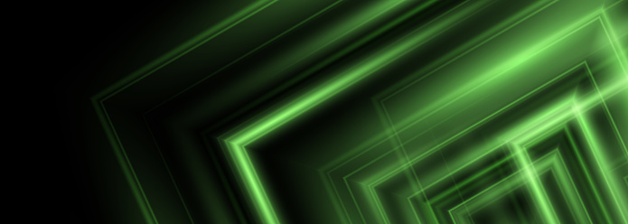 Black wide abstract background with green neon shapes. Futuristic banner with green luminous lines. Vector illustration
