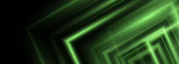 Vector illustration of Black wide abstract background with green neon shapes. Futuristic banner with green luminous lines.