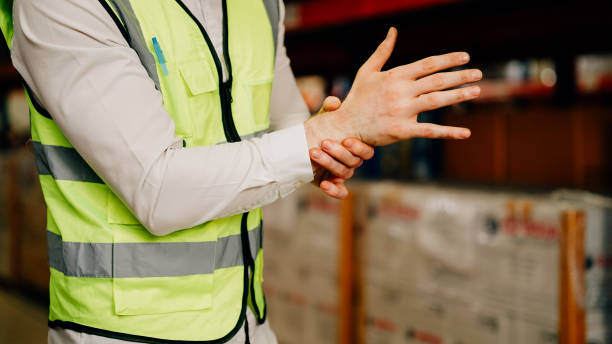 istock Hardworking male warehouse engineer suffering from hand injury 1471280109