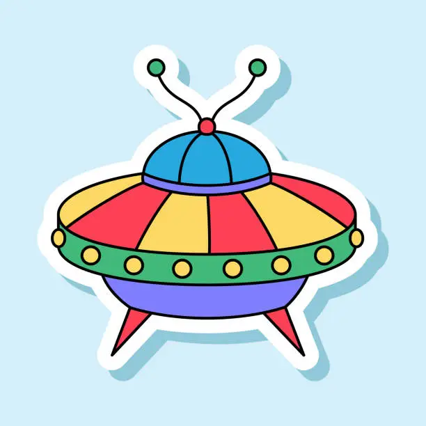 Vector illustration of Vector UFO cartoon sticker in retro colors. Isolated colorful spaceship badge