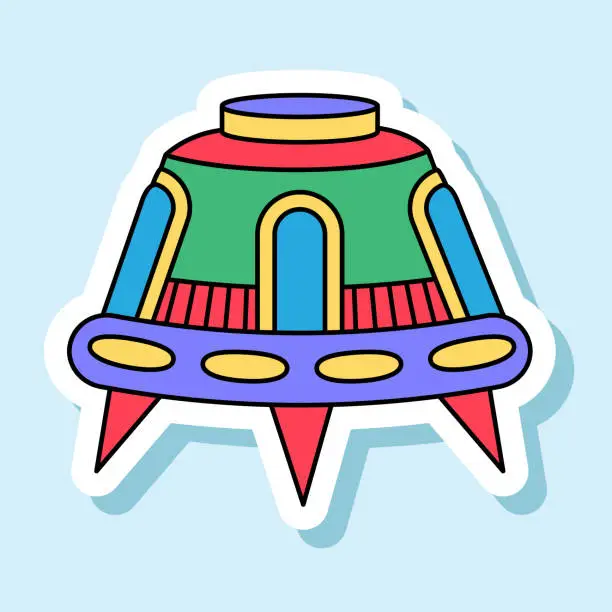 Vector illustration of Vector UFO toy cartoon sticker in retro colors. Isolated colorful spaceship badge