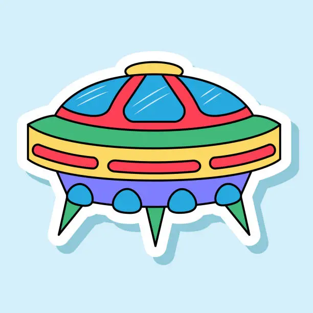 Vector illustration of Vector UFO cartoon sticker in retro colors. Isolated colorful spaceship badge