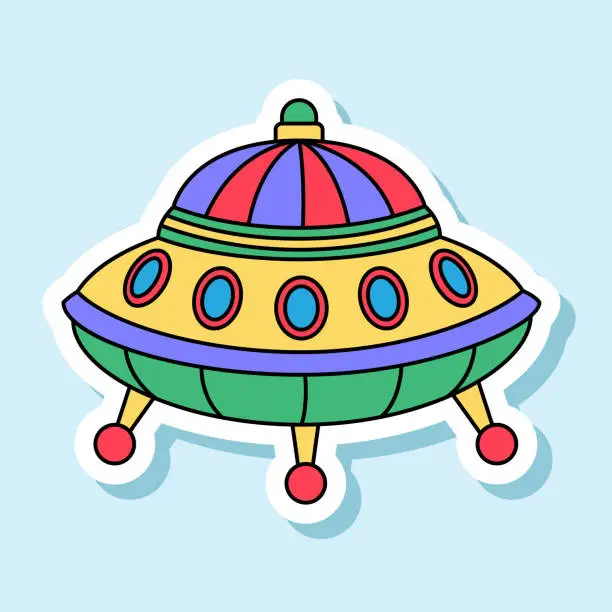 Vector illustration of Vector UFO toy cartoon sticker in retro colors. Isolated colorful spaceship badge