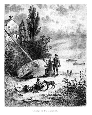 Men caulk a  boat at Shrewsbury River, Neversink Highlands, New Jersey, USA. Pen and pencil illustration engravings, published 1872. This edition edited by William Cullen Bryant is in my private collection. Copyright is in public domain.