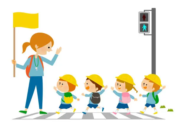 Vector illustration of Traffic safety Illustration material of children crossing a pedestrian crossing