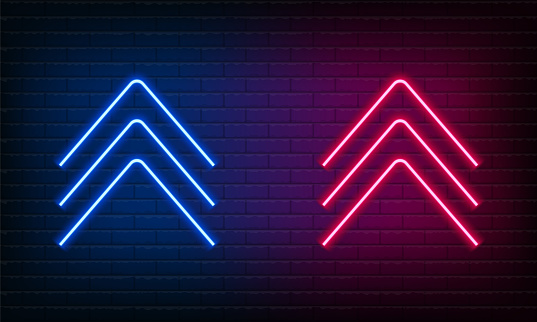 Neon sign Arrow Up blue and pink on brick wall background. Vintage electric signboard with bright neon lights. Neon symbol pointer light. Bar or Cafe with coffee. Night Club Drink. Vector illustration.