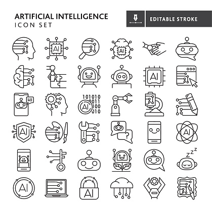 Vector illustration of a set of Fall icons. Includes robots, chatbots, circuitry, computer chips, science, art, security, innovation, and creativity concepts on white background. Fully editable stroke outline for easy editing. Simple set that includes vector eps and high resolution jpg in download.