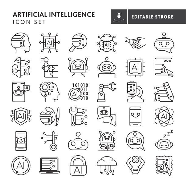 Artificial Intelligence machine Learning and chat bot thin line icon set - editable stroke Vector illustration of a set of Fall icons. Includes robots, chatbots, circuitry, computer chips, science, art, security, innovation, and creativity concepts on white background. Fully editable stroke outline for easy editing. Simple set that includes vector eps and high resolution jpg in download. artificial intelligence stock illustrations