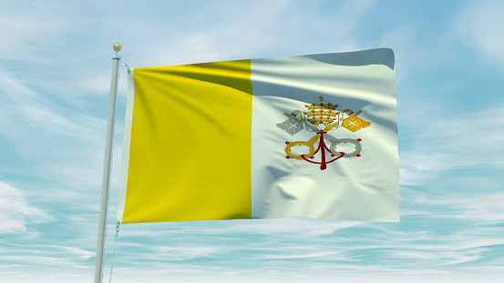 Seamless loop animation of the Vatican flag on a blue sky background. 3D Illustration. High quality.