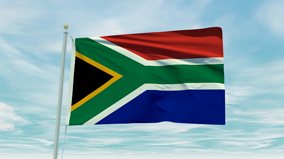 Seamless loop animation of the South Africa flag on a blue sky background. 3D Illustration. High quality.