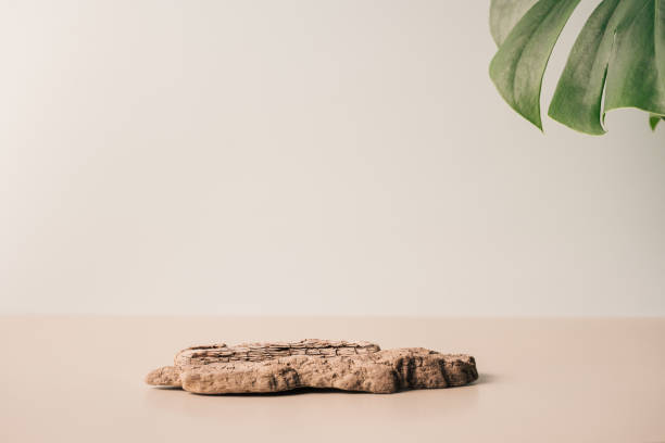 istock Background podium from tree bark for cosmetics opposite monstera leaf 1471298574