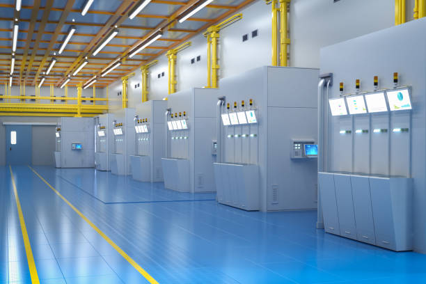 istock White futuristic semiconductor manufacturing factory or laboratory interior with machine and computer screen 1471298619