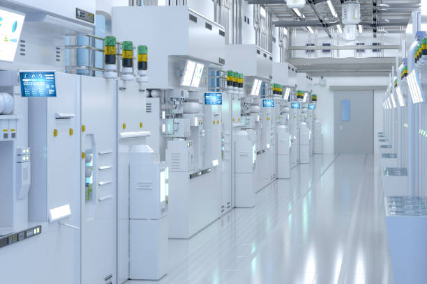 istock White futuristic semiconductor manufacturing factory or laboratory interior with machine and computer screen 1471298622