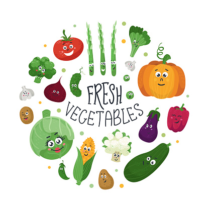 Funny kawaii vegetables in a circle. Vector illustration for greeting cards, baby invitations and t-shirts