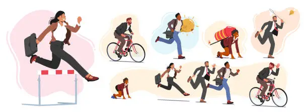 Vector illustration of Set Of Business People Characters Take Part In Running Competition. Businessman Holding Glowing Light Bulb