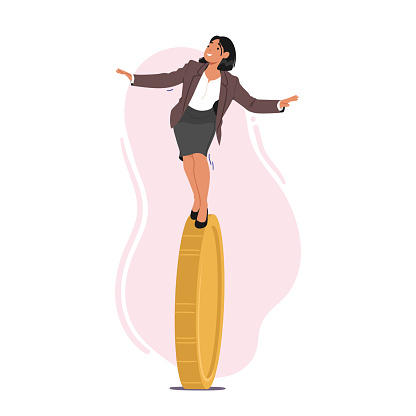 Female Character Balancing Precariously On Coin. Financial Instability And Insecurity, Risk, Importance Of Financial Planning, Budgeting, Wealth Management Concept. Cartoon People Vector Illustration