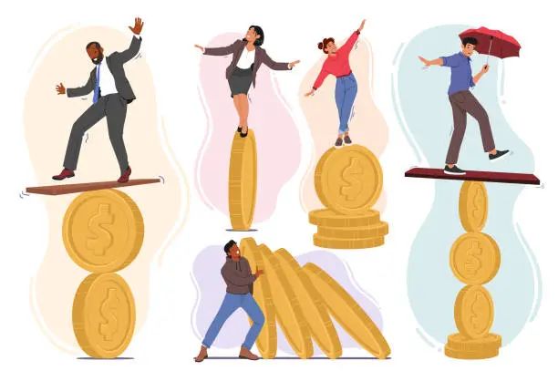 Vector illustration of Set Of Business Characters Balance On Coin. Concept Of Financial Instability, Risks Of Investments