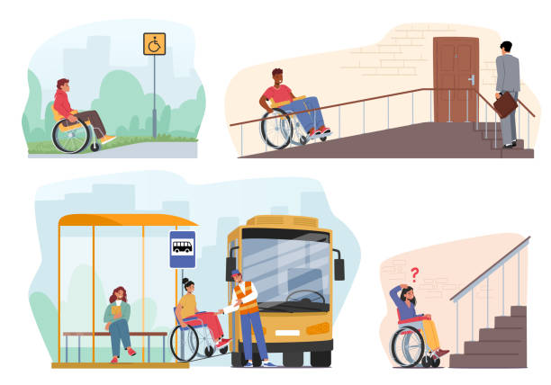 Set Of Disabled People On Wheelchairs Using Ramps To Access Buildings, Streets, Transport Or Other Places Set of Disabled People On Wheelchairs Using Ramps To Access Buildings, Streets, Transport Or Other Places. Concept Of Accessibility, Inclusion, And Disability Rights. Cartoon Vector Illustration copyright free medical stock illustrations