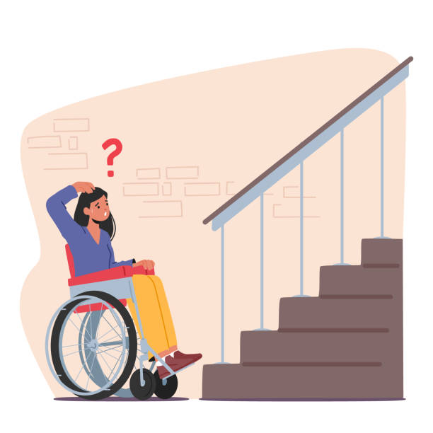 Female Character On Wheelchair Trying To Access Building Porch Without Ramp. Accessibility And Inclusivity Female Character on Wheelchair Trying to Access Building Porch without Ramp. Accessibility And Inclusivity Concept Disability Rights, Social Justice, Or Advocacy Campaigns. Cartoon Vector Illustration copyright free medical stock illustrations