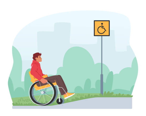 Male Character In Wheelchair Ascending A Ramp On Street, Overcoming Architectural Barriers Vector Illustration Male Character In Wheelchair Ascending A Ramp On Street, Overcoming Architectural Barriers. Concept of Accessibility, Inclusivity Rights Of People With Disabilities. Cartoon Vector Illustration copyright free medical stock illustrations