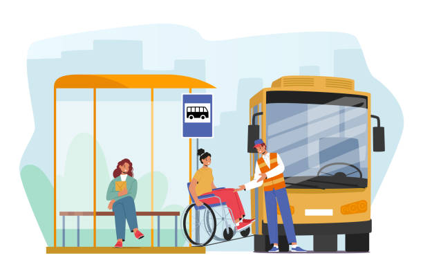 Female Character on Wheelchair Use Ramp To Access Bus. Accessibility And Inclusivity And Concept for Public Transport Female Character on Wheelchair Use Ramp To Access Bus. Accessibility And Inclusivity And Concept for Public Transportation Services Or Advocating For Disability Rights. Cartoon Vector Illustration copyright free medical stock illustrations