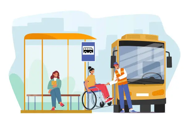 Vector illustration of Female Character on Wheelchair Use Ramp To Access Bus. Accessibility And Inclusivity And Concept for Public Transport