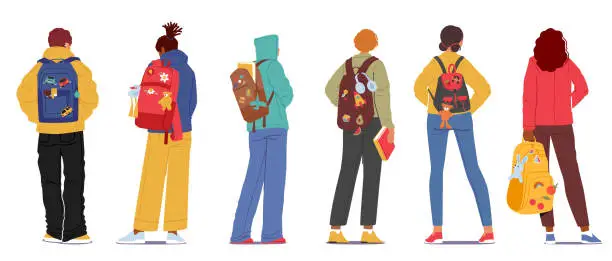 Vector illustration of Group of Young People With Backpacks Stand In Row Rear View. Teens Boys And Girls Wear Trendy Clothes Of Bright Colors