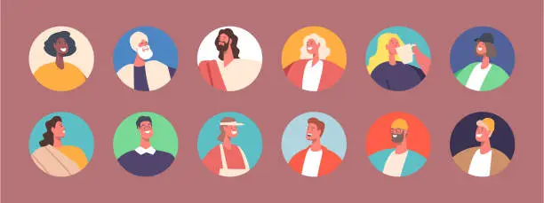 Vector illustration of Set Of People Avatars, Young And Mature Men Or Women Portraits For Social Media And Web Design, Isolated Round Icons.