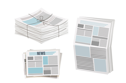 Newspaper pile, stack of magazine with rope in cartoon style isolated on white background. . Vector illustration