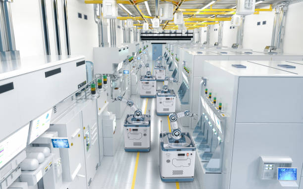 istock Automation semiconductor manufacturing with robotic arms in factory 1471299869