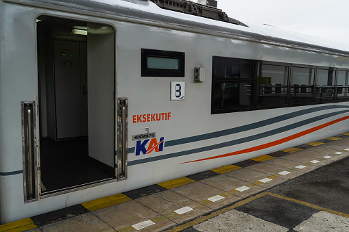 Jakarta, Indonesia, 11 February 2023, train executive class carriage at Gambir train station, travel concept, PT KAI